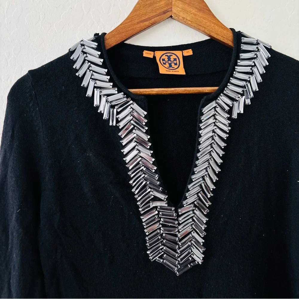 Tory Burch Cashmere Merino Wool Black Long Sleeve Top‎ with Silver Accents